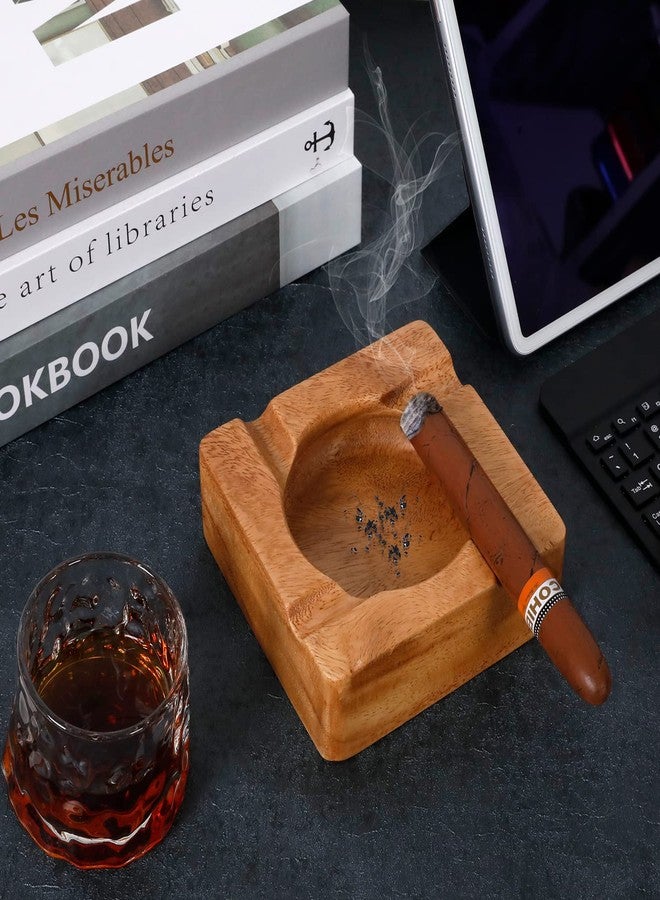 Gusnilo Wooden Cigar Ashtray Square - Desktop Tray for Indoor or Outdoor Office Home Decoration, Solid 4-Slot Cigar Holder, Vintage Gift for Smokers - Image 3